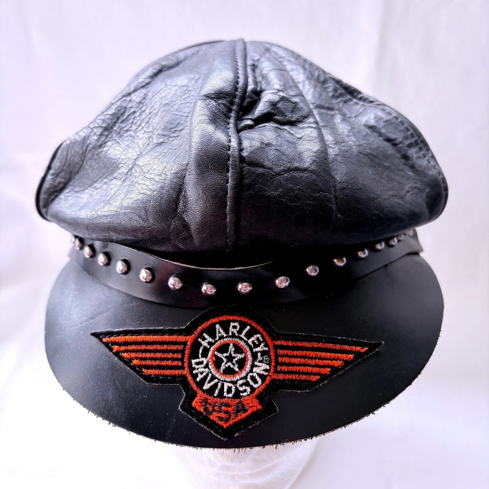 Vintage Black Leather Studded‎ Motorcycle Biker Hat Embroidered Patch Sz L